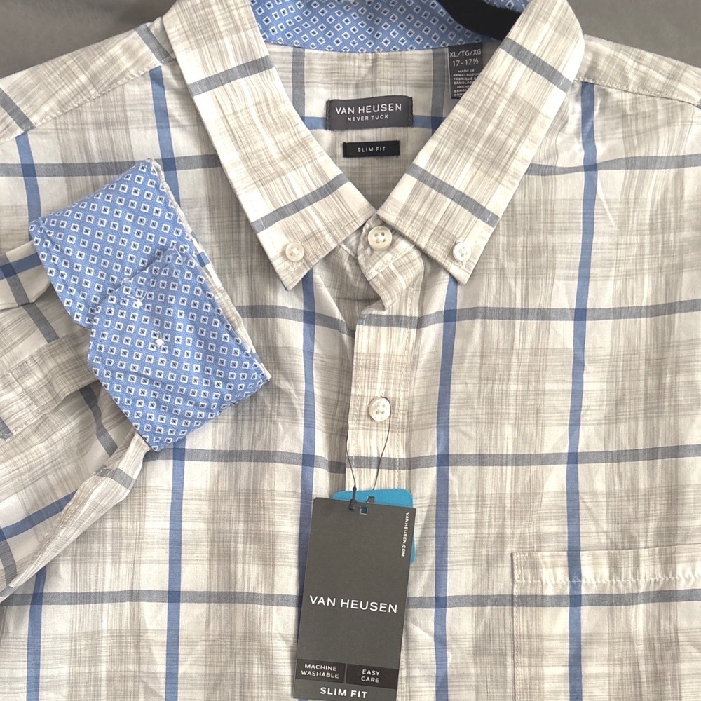 Van Heusen Never Tuck Shirt XL Grey Blue Plaid Slim Fit Button Down Academia